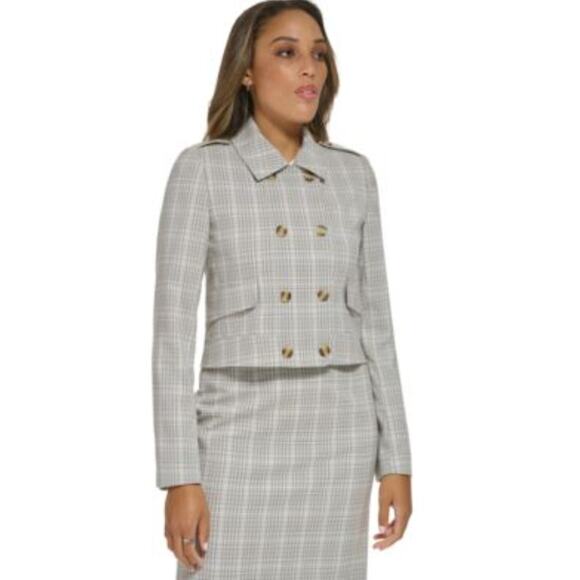 Calvin Klein Women's Plaid Double-Breasted Suit Cropped Set in Plaid Size 4 Twee - Picture 1 of 11